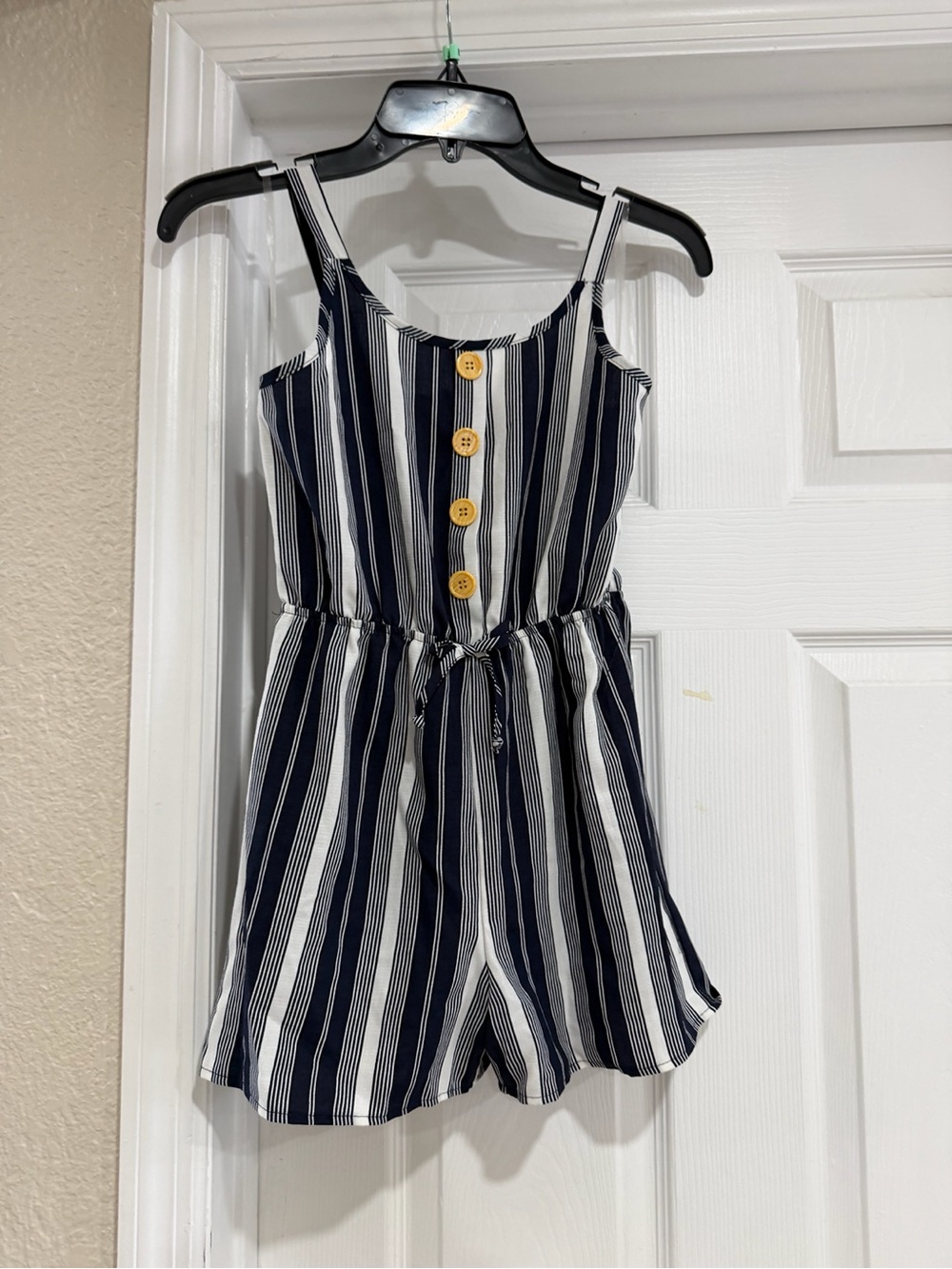 2 Hip Girls Striped Romper Size 12 Navy White Sleeveless Button Front Pockets
